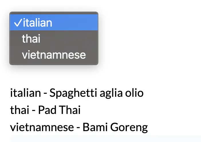 a screenshot of the example app with a select and a list of items
